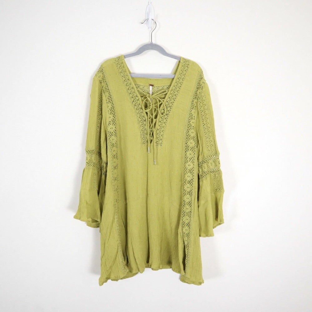 Free People XS Gauze Lace Lattice Neck Tunic Chartreuse Babydoll Bell Sleeve